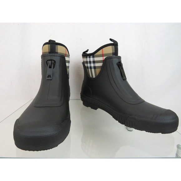 BURBERRY FLINTON BLACK RUBBER BEIGE CHECK SOCK LOGO ANKLE RAIN BOOTS US 11 EU 41 - Picture 8 of 14